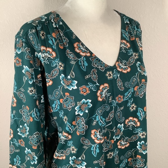 J JILL Wearever Jersey Knit Tunic Dark Green Floral Top 3/4 Sleeve Travel Work L - Picture 2 of 16